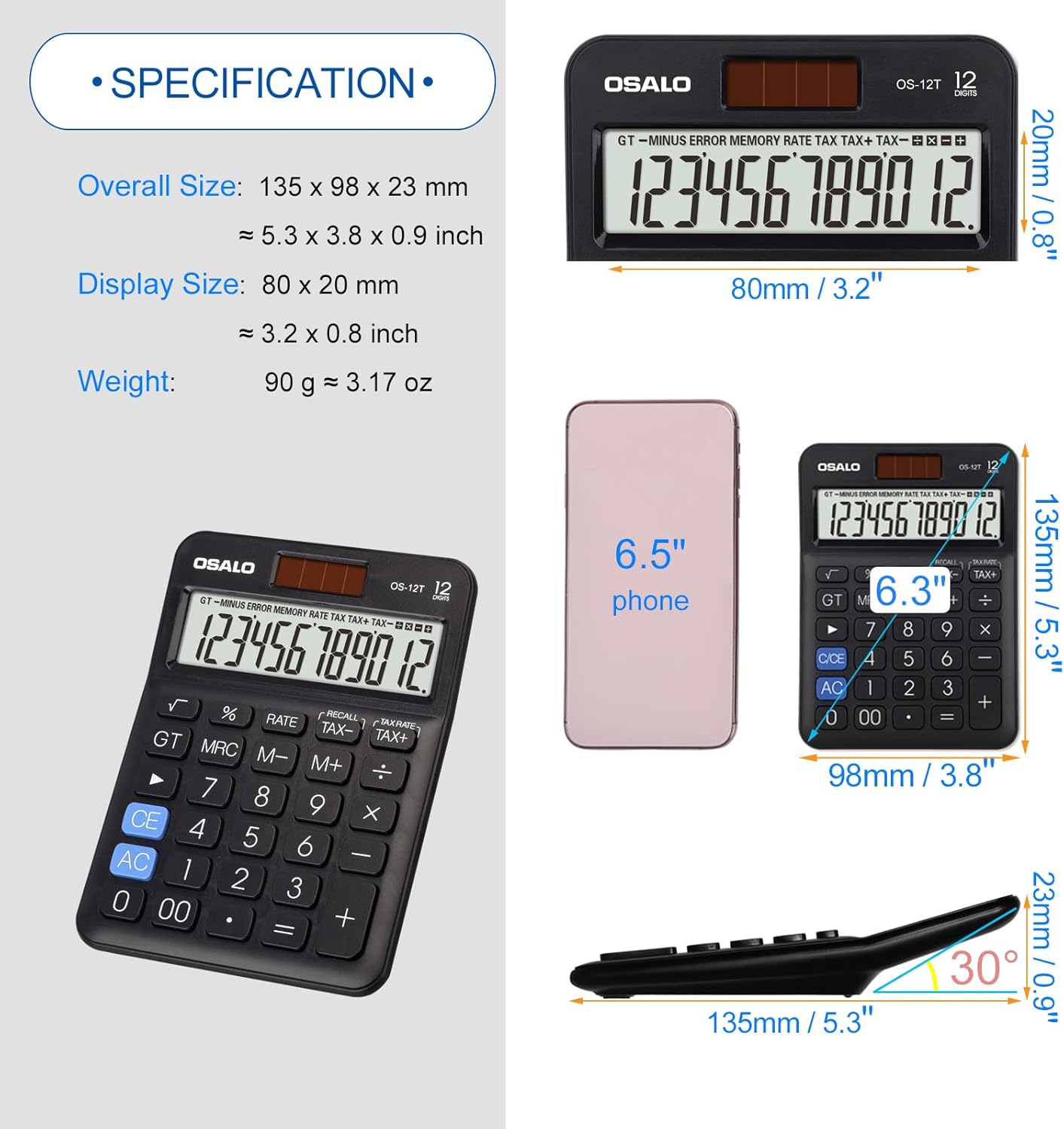 Pocket Small Size Desk Calculator, 12 Digit Large LCD Display, Basic Tax Function Handheld Desktop Calculator with Solar Battery Dual Power, Perfect for Office, School, Business OS-12T (Black)
