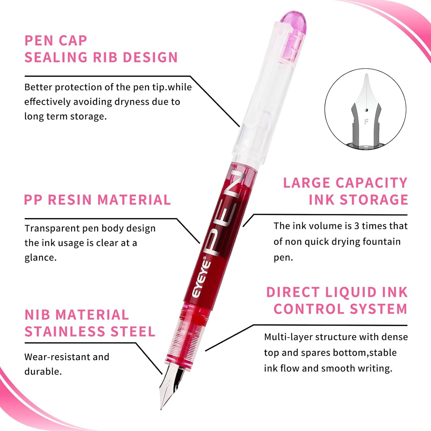 EYEYE Disposable Fountain Pens, 8 Pack Multicolor Fine Point Fountain Pens for Writing, Stainless Steel Nib, Smooth Writing for Journaling, Drafting, Sketching, Doodling & Gifts