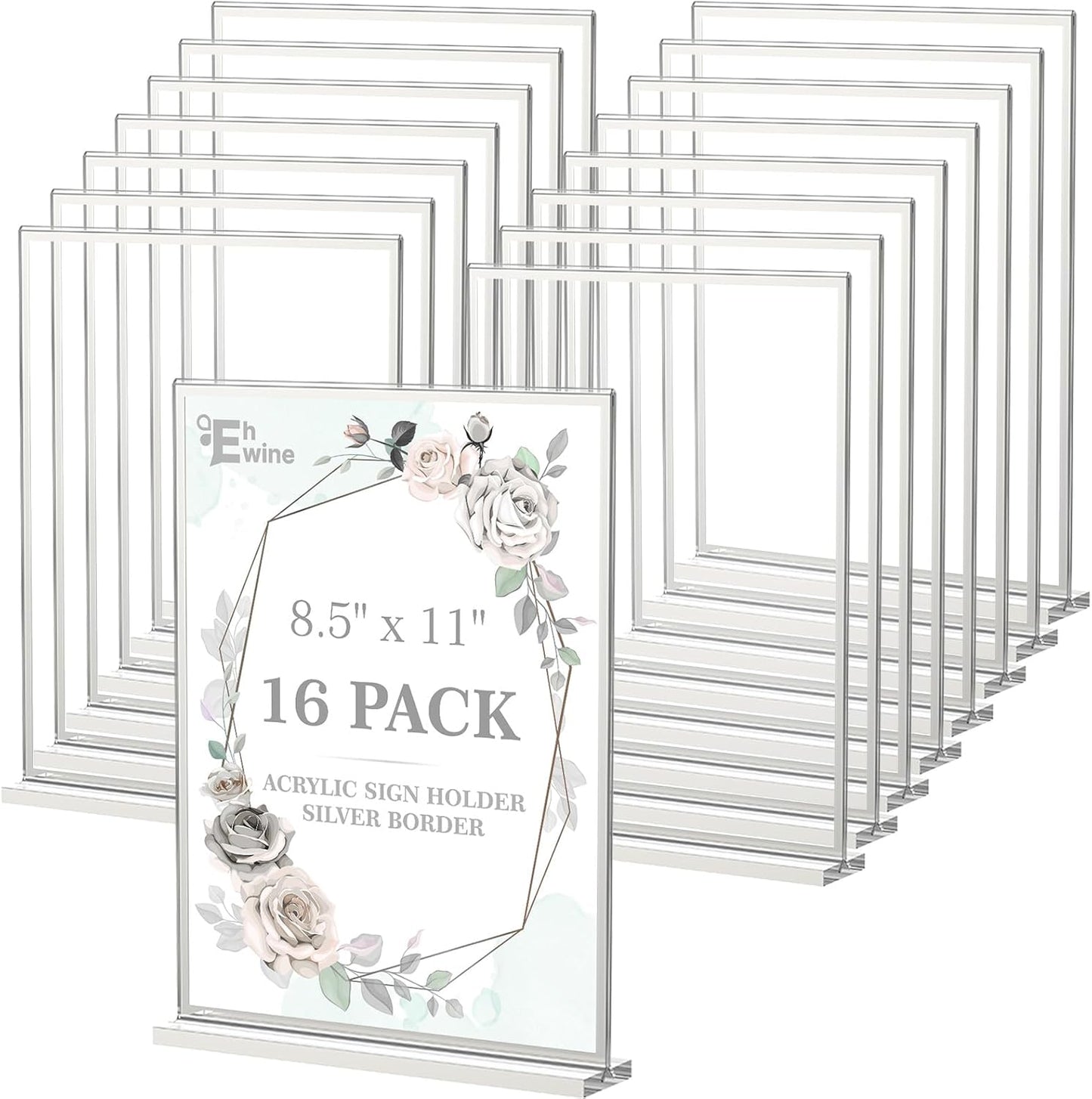 EHWINE 16 Pack Acrylic Sign Holder 8.5 x 11, Double-Sided Tabletop Silver Sign Holder, Clear Acrylic Picture Frame Menu Flyer Paper Holder Display Stand for Home Wedding Party (with Non-Slip Pads)