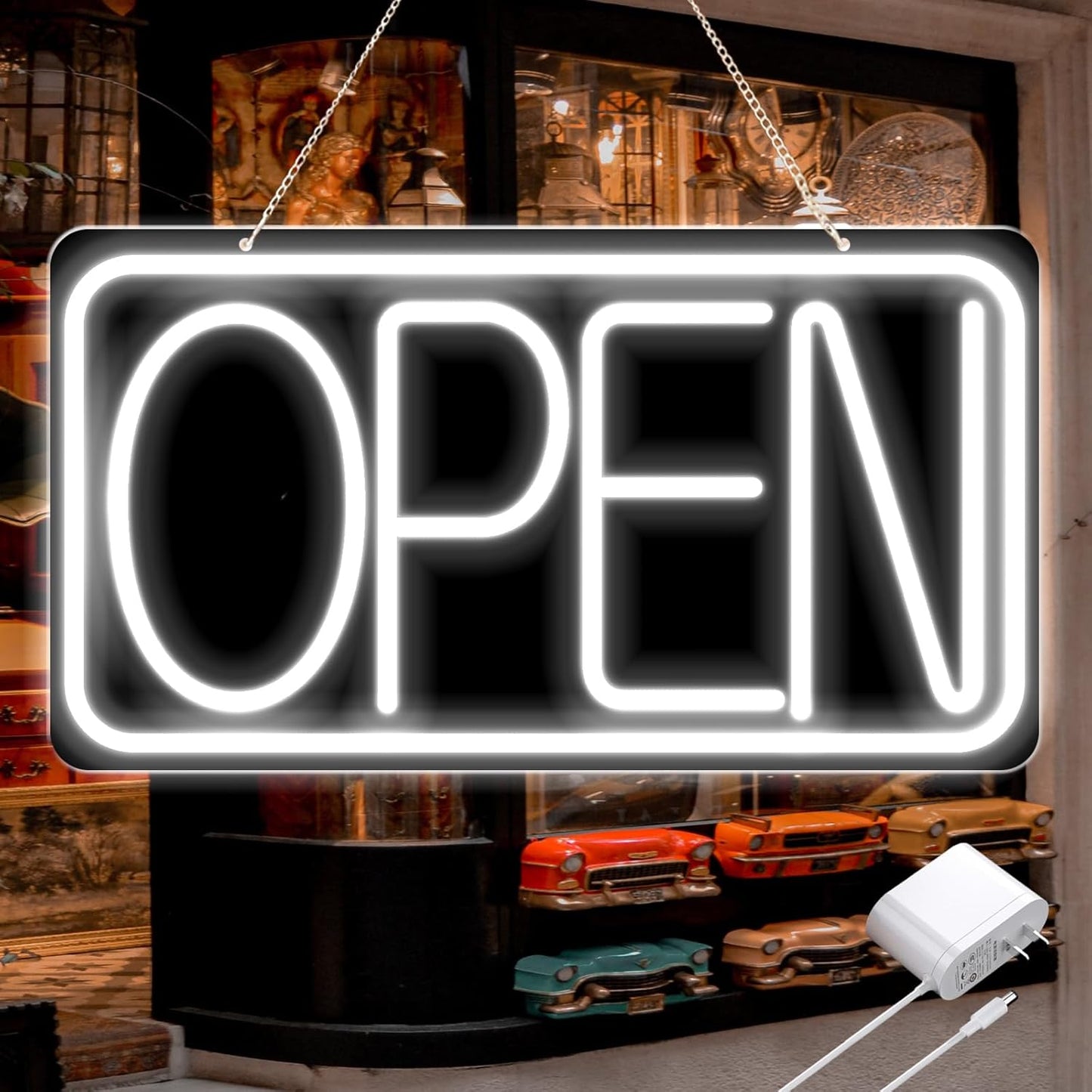 16.5" X 9" Led Neon Open Signs for Business Ultra Bright Plug In Electric Light Up Open Signs with ON/OFF Switch and 12V/2A AC Adapter for Storefront Window Bar Salon Coffee Stores (White)