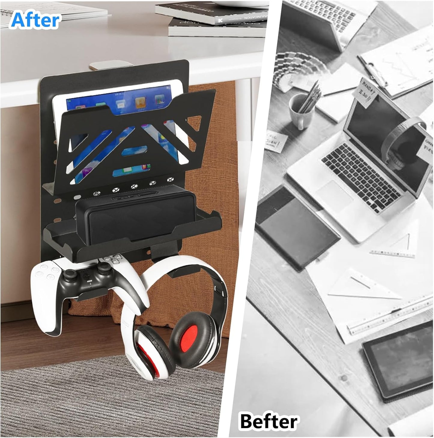 MAXECHO Desk Side Storage Holder, Metal Pegboard, Above or Under Desk Laptop Mount, Table Side Hanging File Organizer, Clamp On Cable Management Tray, Peg Board for Gaming, Office