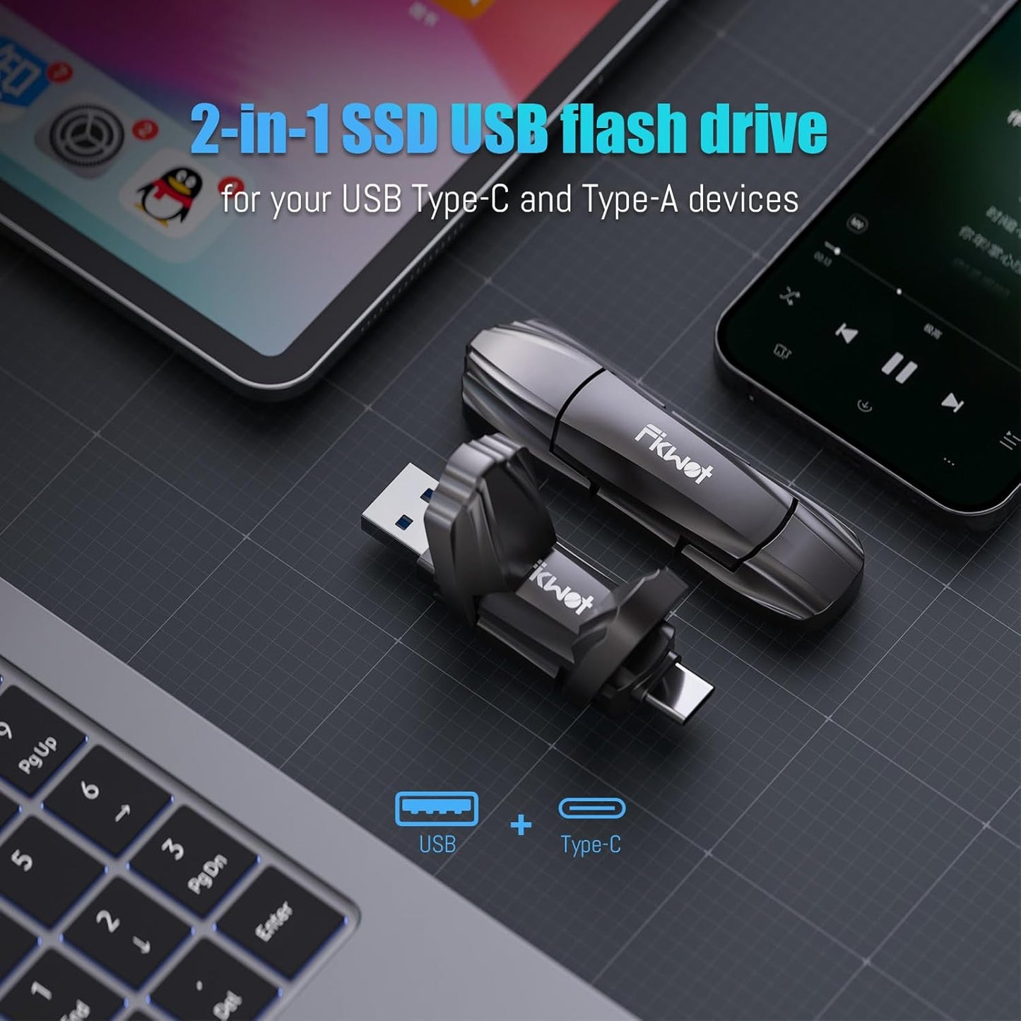 External SSD USB Flash Drive 256GB, Up to 550MB/s 2-in-1 Type C+ USB A USB3.2 Gen2 Solid State Thumb Drive SSD Stick for iPhone 15/16/Android/Windows/Mac/PC/Laptops