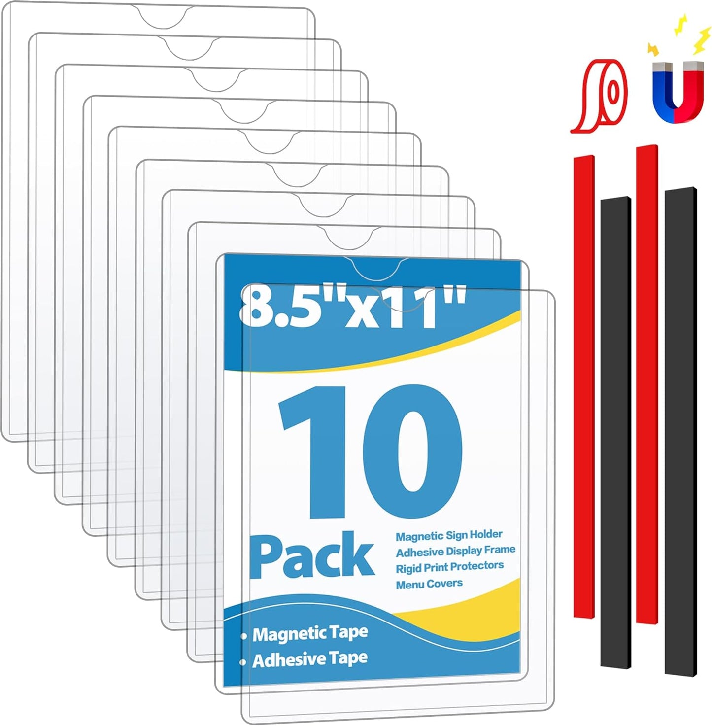 10 Pack Magnetic Sign Holder 8.5 x 11 - Plastic Wall Sign Holder with Magnet and Adhesive Tape - Magnetic Display Frame - Adhesive Plastic Frame Rigid Print Protectors Document Poster Holders