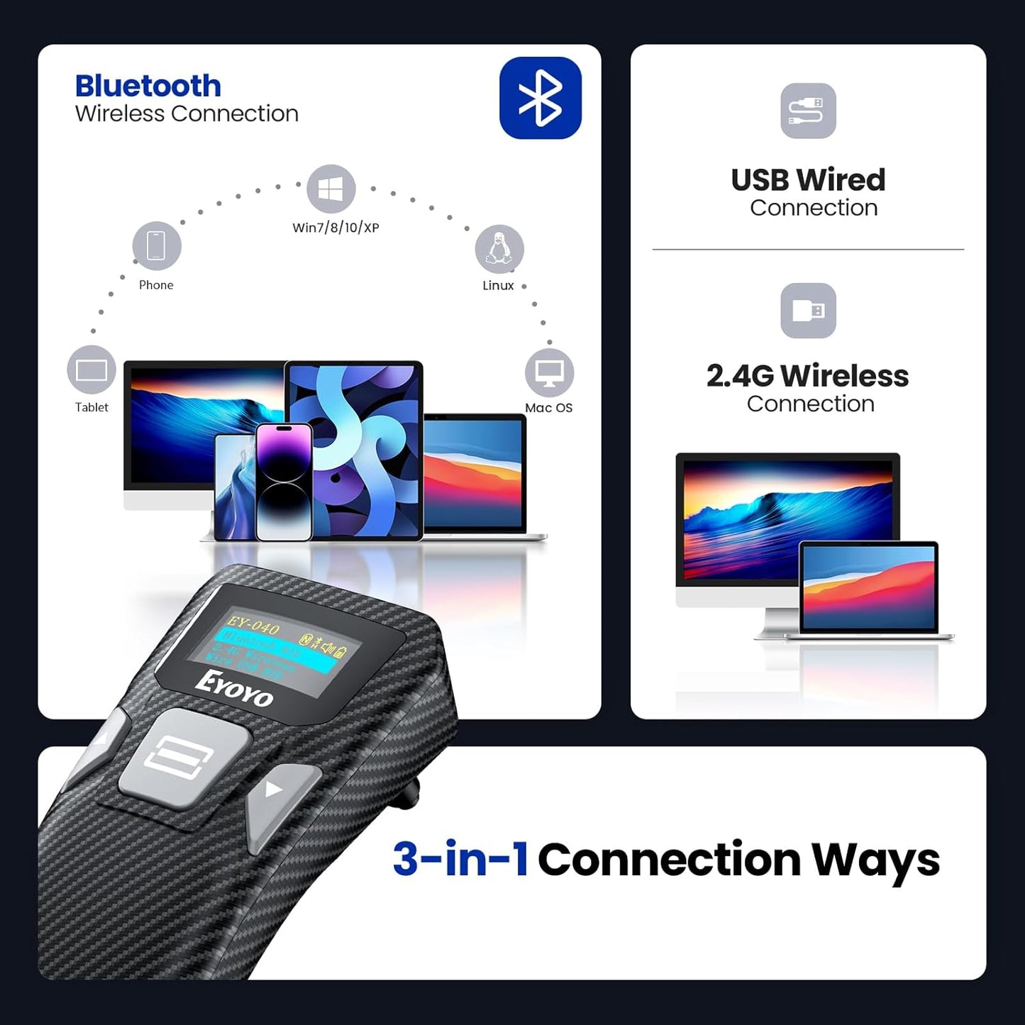 Eyoyo Mini Bluetooth Barcode Scanner: Portable 1D&2D QR Code Scanner with Digital Display for Library Book, Retail Store, Warehouse - Wireless & USB Wired Bar Code Reader for Android Phone PC Laptop