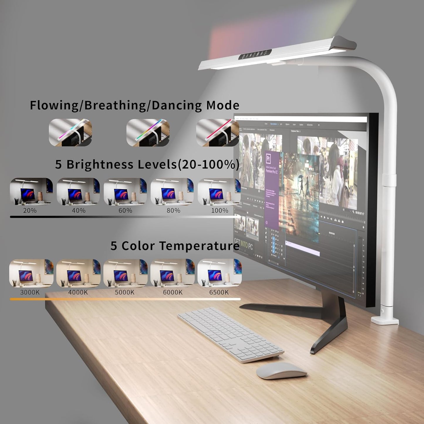 2-in-1 Desk Lamp with RGB Backlight,Architect Desk Lamps for Home Office,24W Tall Desk Lamp with Clamp,60"Timer,25 Lighting Modes,Eye Protection Swing Arm Lamp for Home/Office/Gaming/Study