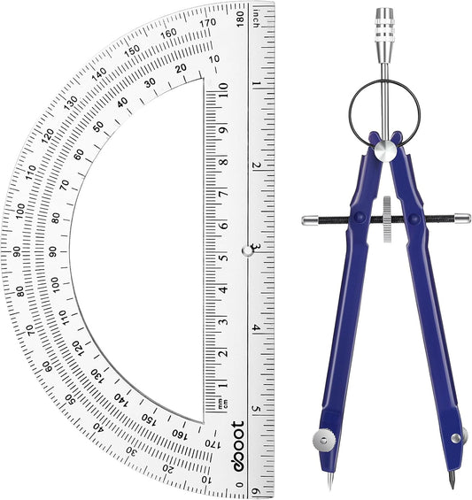 EBOOT Student Geometry Math Set, Drawing Compass and 6 Inch Clear Swing Arm Protractors 180 Degree Math Protractor (Blue)