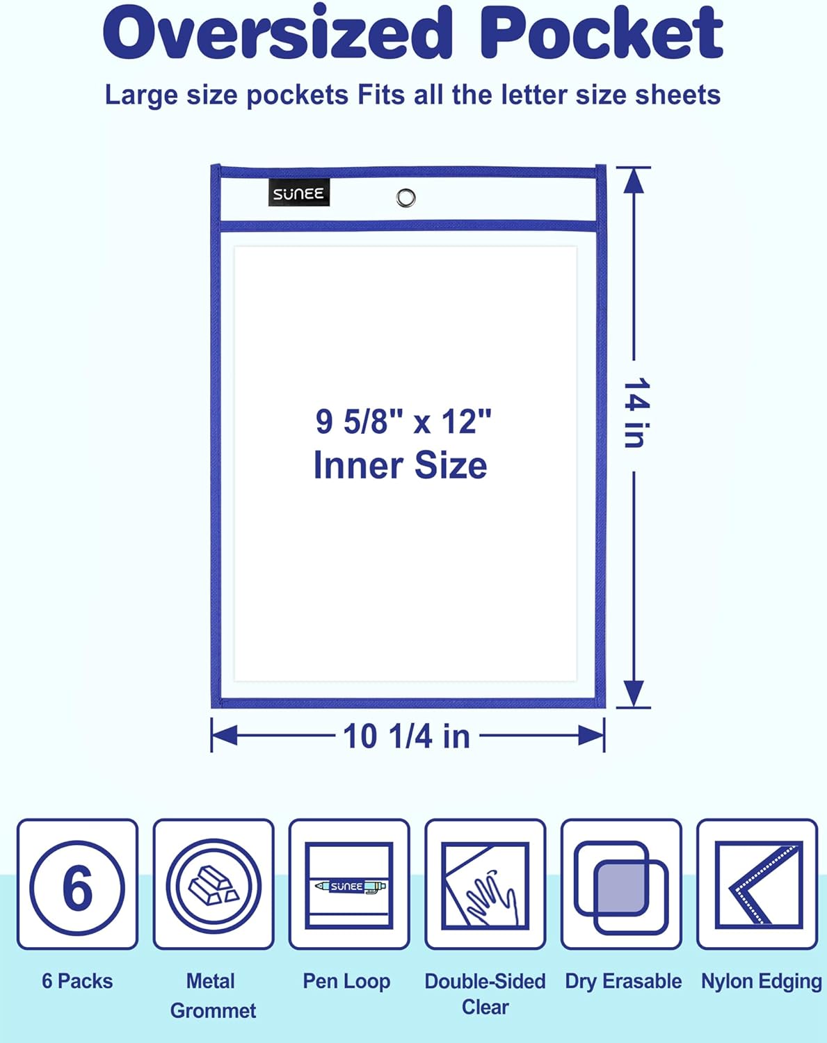 SUNEE 6 Packs Oversized Reusable Dry Erase Pocket Sleeves with Binder Ring, 6 Assorted Colors 10x14 Ticket Holders, Clear Plastic Sheet Protectors, Teacher School Classroom Supplies