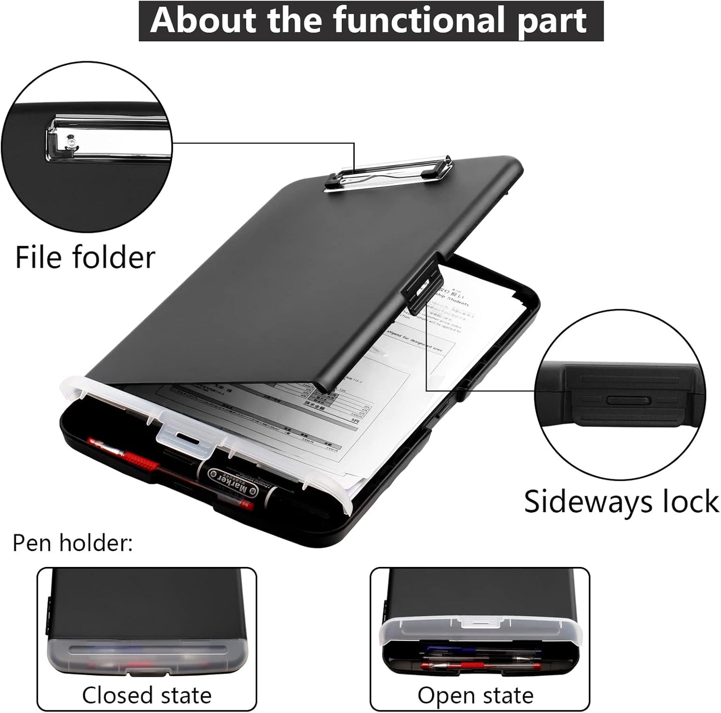 Clipboard with Storage,A4 Binder Clipboards with Pen Holder,Heavy Duty Plastic Storage Clipboard with Low Profile Clip,Nursing Clipboards Folder Side-Opening,Smooth Writing Clip Board for Office-Black