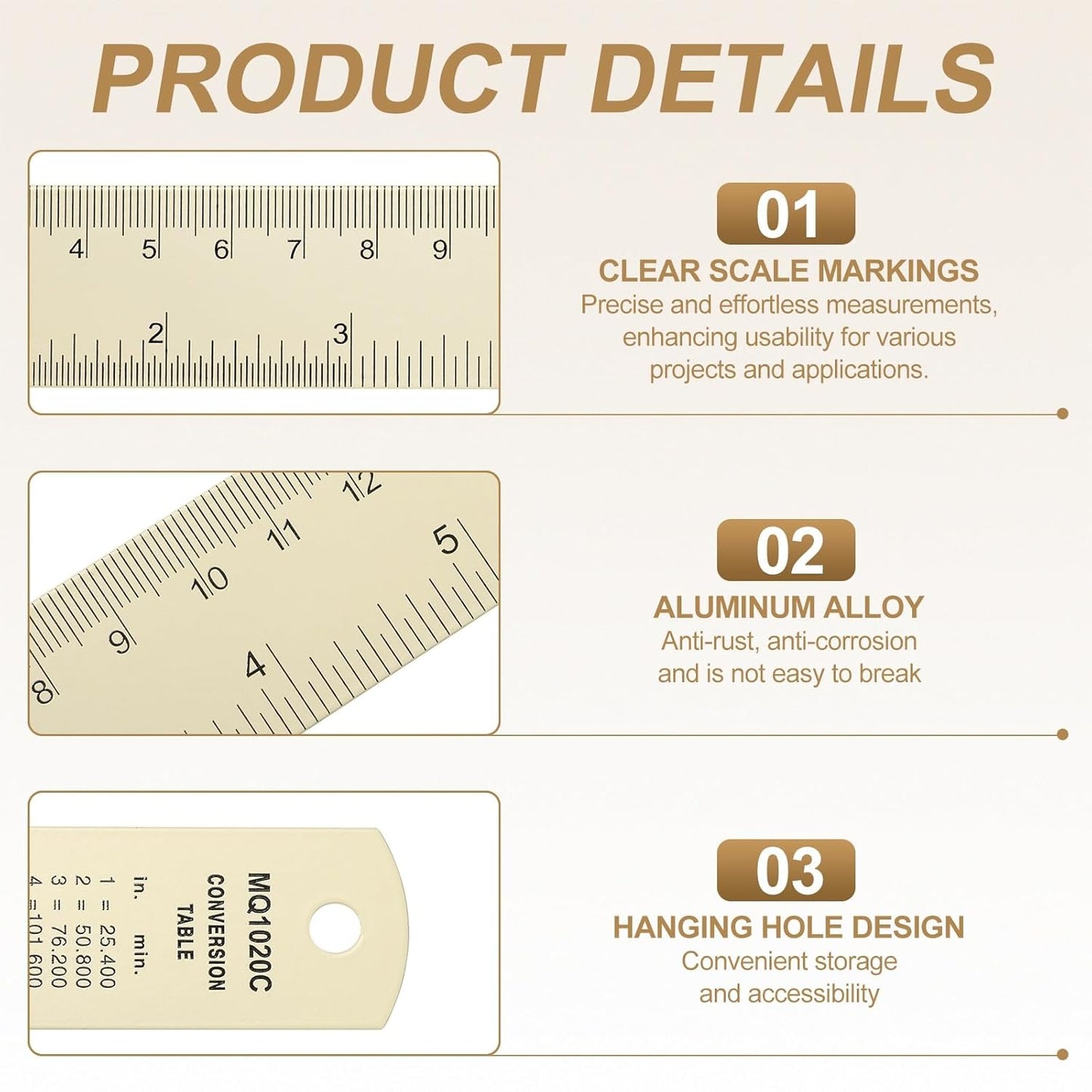 HARFINGTON 4pcs Metal Straight Ruler 30cm Metric SAE Aluminum Alloy Measuring Rulers Scale Tool with Hole for Measure Study Reading Classroom Office, White