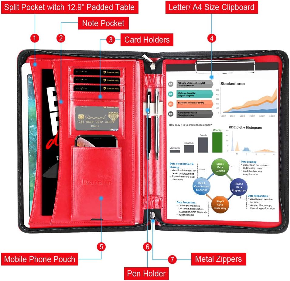 Darolin Zippered Leather Padfolio Portfolio with [Hidden Handle] and [Clipboard], Business Conference Portfolio Organizer Notepad Folder, Padfolio for Women/Men (Red)