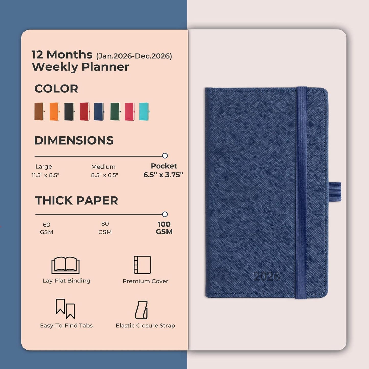 Weekly Monthly 2026 Planner (Jan.26-Dec.26),6.5"x3.75",12 Months Agenda Plan with Month Tabs & Pocket,Expenses/Note Pages, Appointment Book Calendar with Hardcover Vegan Leather Cover,Blue