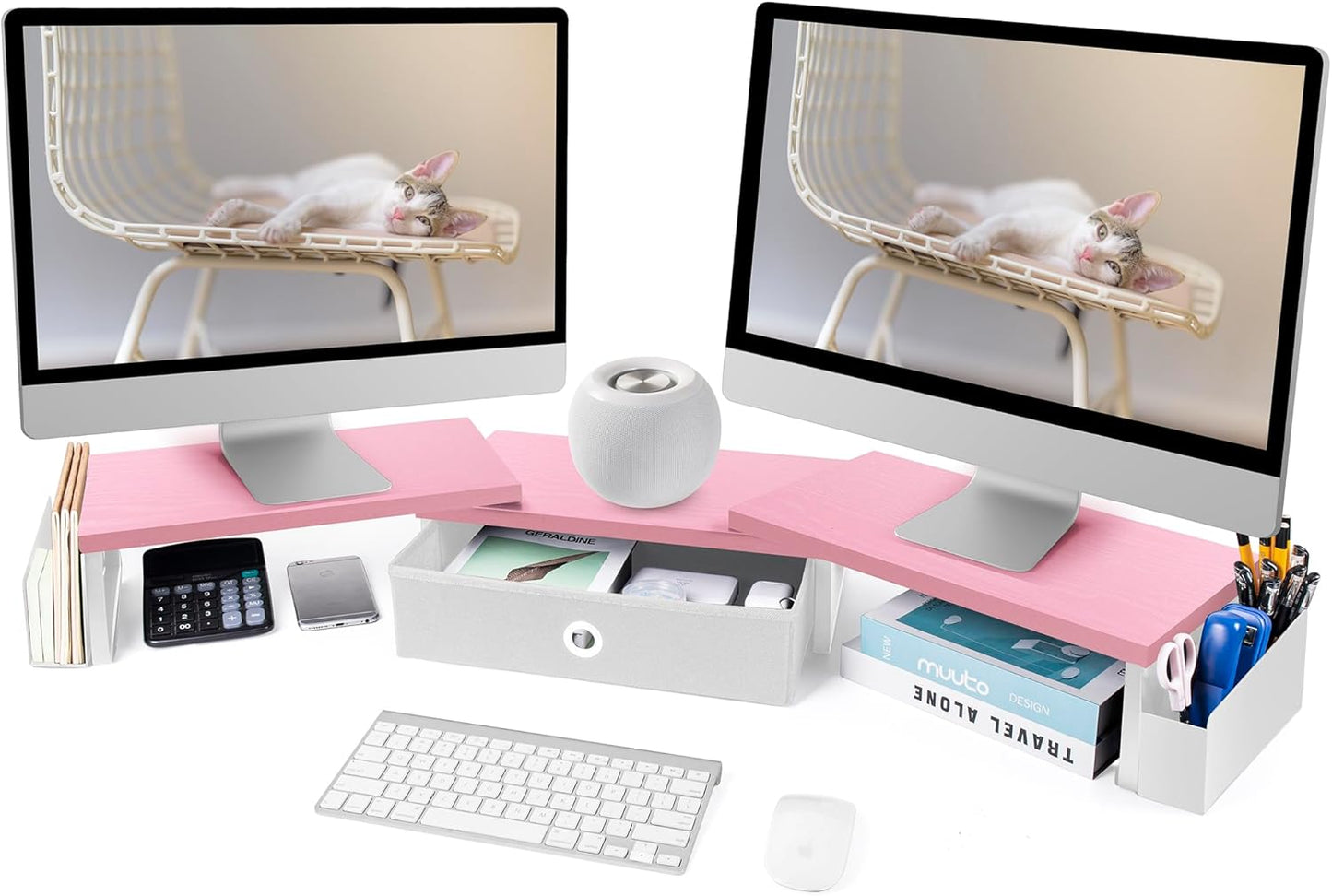 Dual Monitor Stand Riser With Drawer & Metal Leg, Large Desk Shelf For 2 Monitors w/ Adjustable Length & Angle, Desktop Organizer For Laptop/TV/Printer