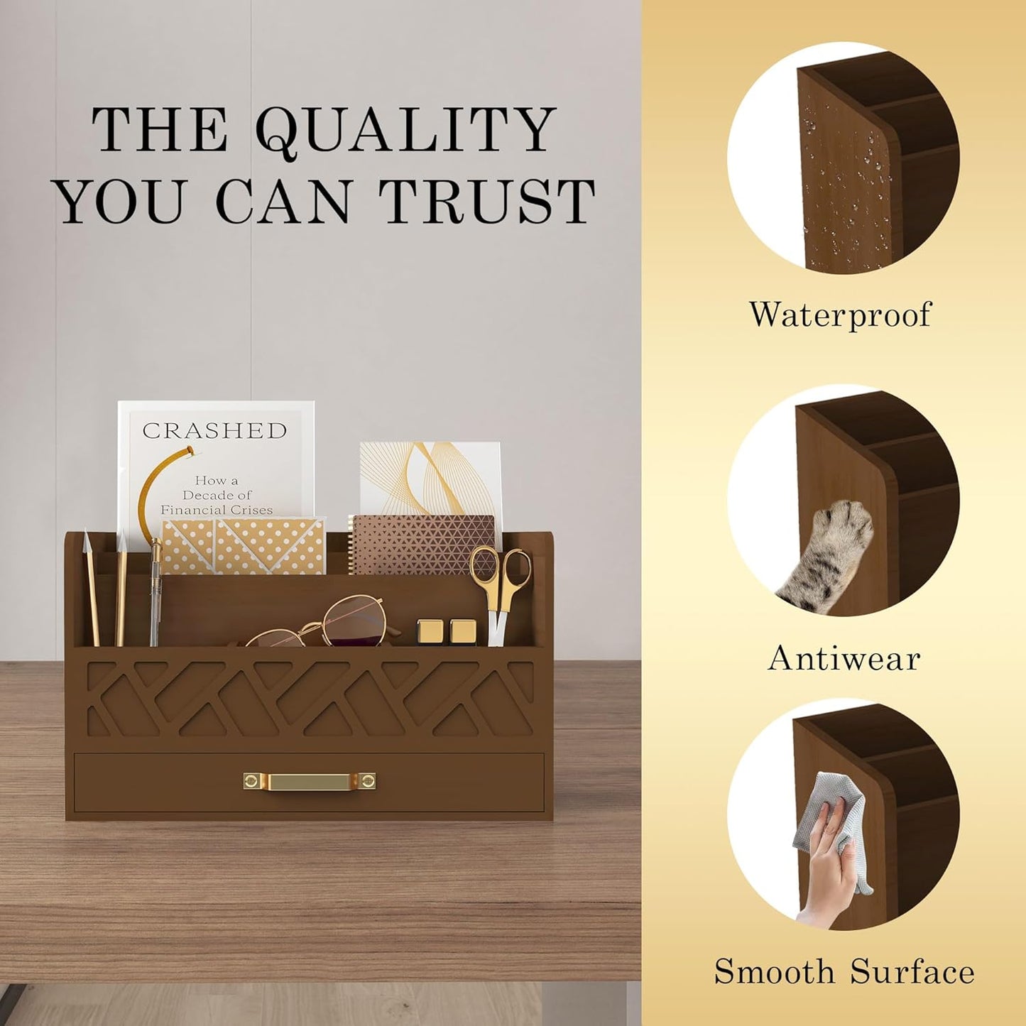 Bamboo Mail Organizer Countertop Wood Desk Organizer Drawer Tabletop Storage Box Letter Sorter Makeup Organizer for School Home Office Supplies Brown