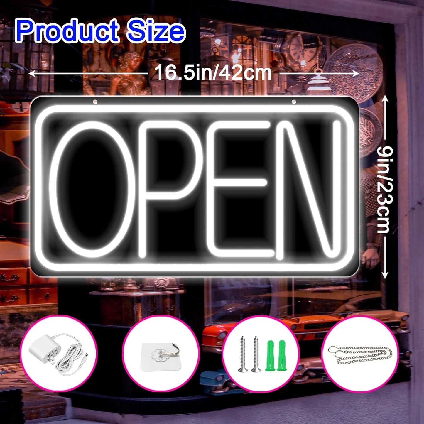 16.5" X 9" Led Neon Open Signs for Business Ultra Bright Plug In Electric Light Up Open Signs with ON/OFF Switch and 12V/2A AC Adapter for Storefront Window Bar Salon Coffee Stores (White)