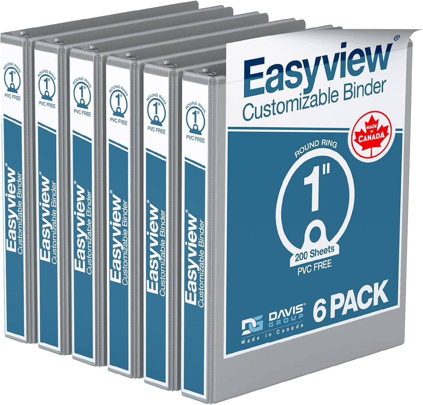 Easyview Premium 3-Ring Binders with Clear-View Covers and Round Rings, Binders for School or Office, 1 Inch, Pack of 6, Gray