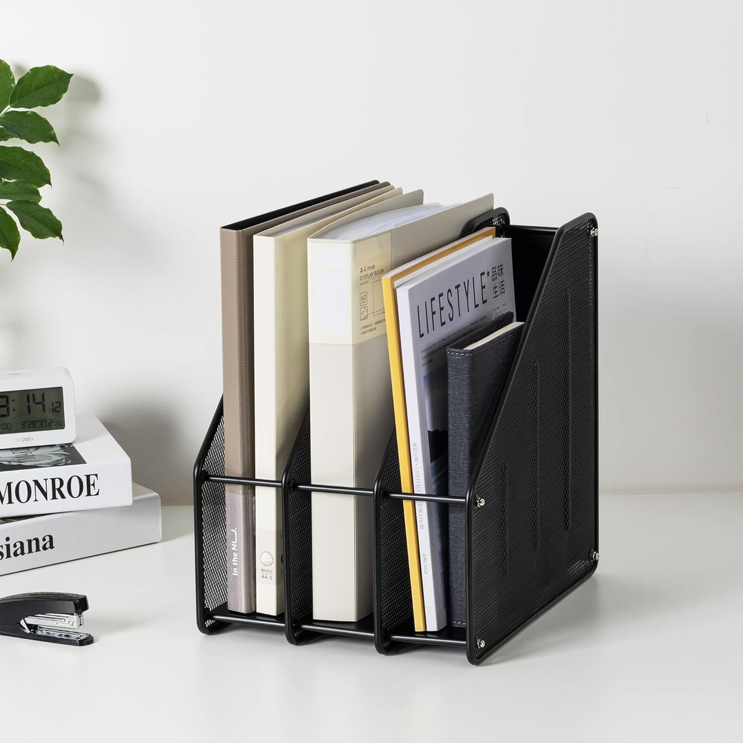 deli Mesh Magazine File Holder, Desk Organizer File Folder Document Rack for Office Organization and Storage, 3 Vertical Compartments, Black