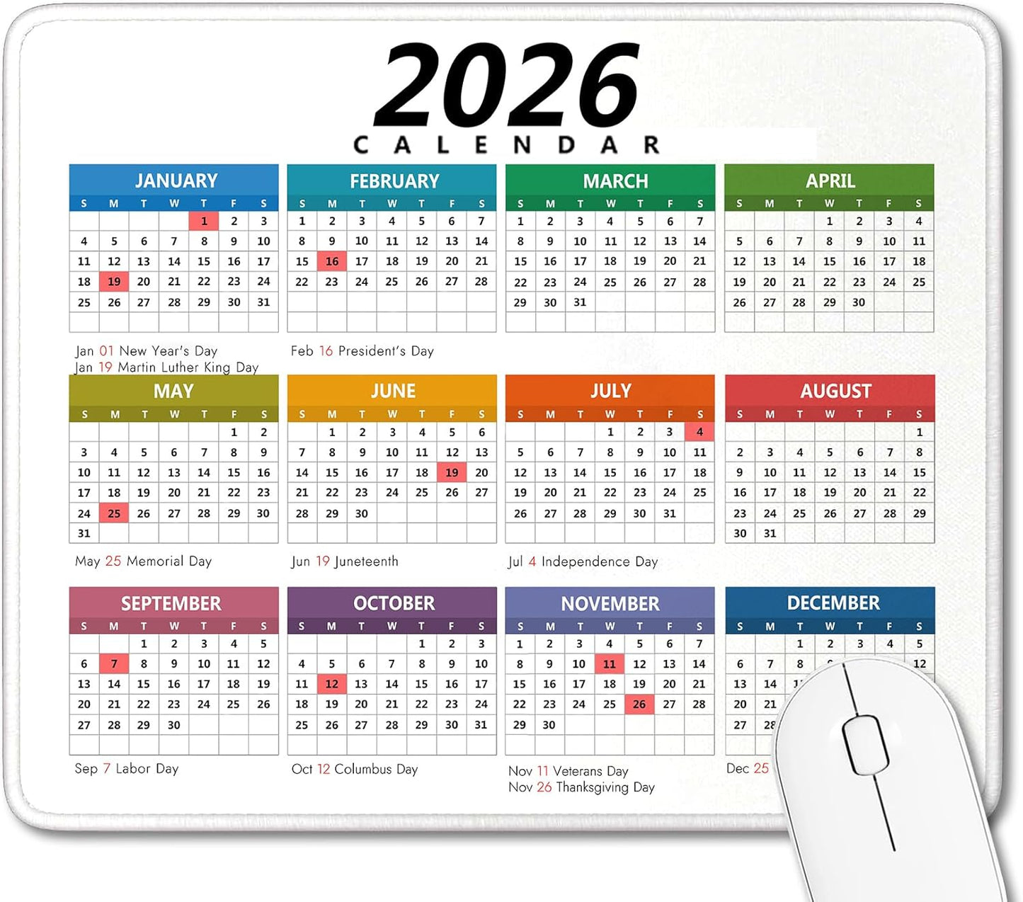 2026 Calendar Mouse Pad with Holidays, Computer Mousepad with Non-Slip Rubber Base, Ccolorful Mouse Pads for Computers Laptop Mouse 9.6 x 7.9 inch