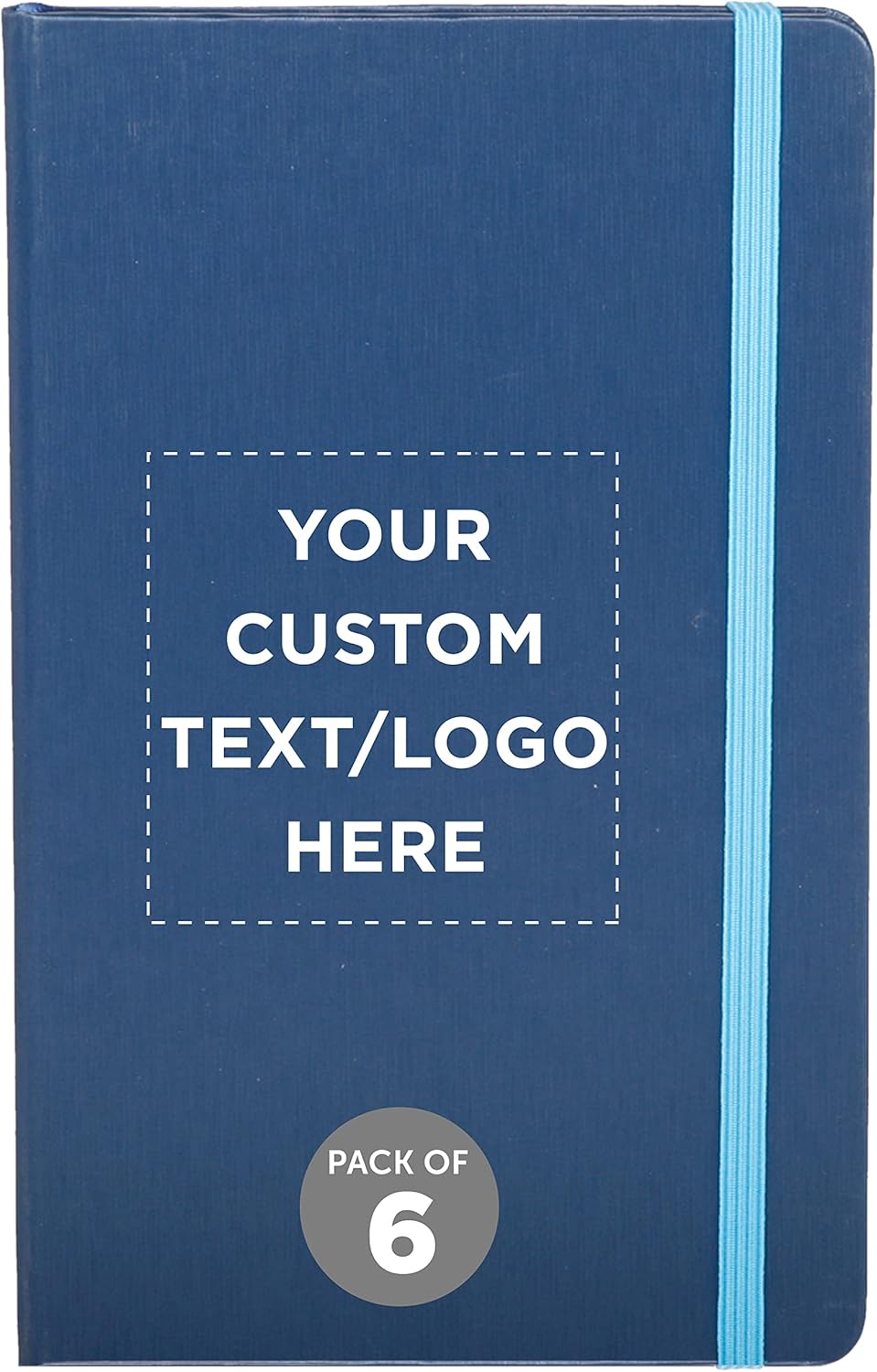 DISCOUNT PROMOS Custom Hardcover Notebook Journals with Elastic Colored Band Set of 6, Personalized Bulk Pack - Perfect for School, Office, Home - Blue
