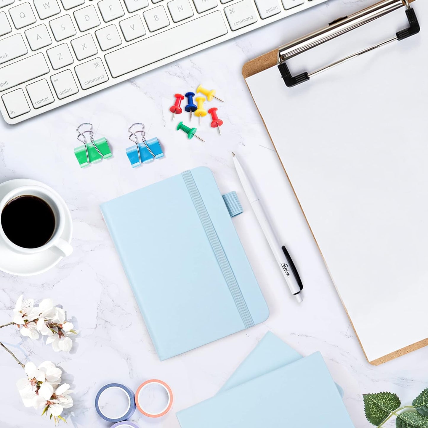 feela 6 Pack Pocket Small Notebooks Bulk, Mini Cute Memo Notepads Hardcover College Ruled Lined Journals with Pen Holder for Women Girls Office School, with 6 Black Pens, 3.5”x 5.5”, A6, Light Blue