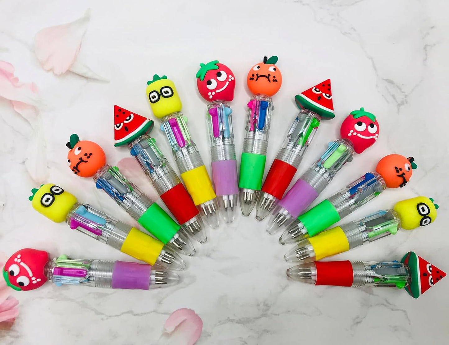 12Pcs Fruit Multicolor Pen in One 4-in-1 Cute Bulk Mini Pens Fun Assorted Ink Kawaii Ballpoint Pens for Kids Birthday Gift Student Present School Supplies Party favors