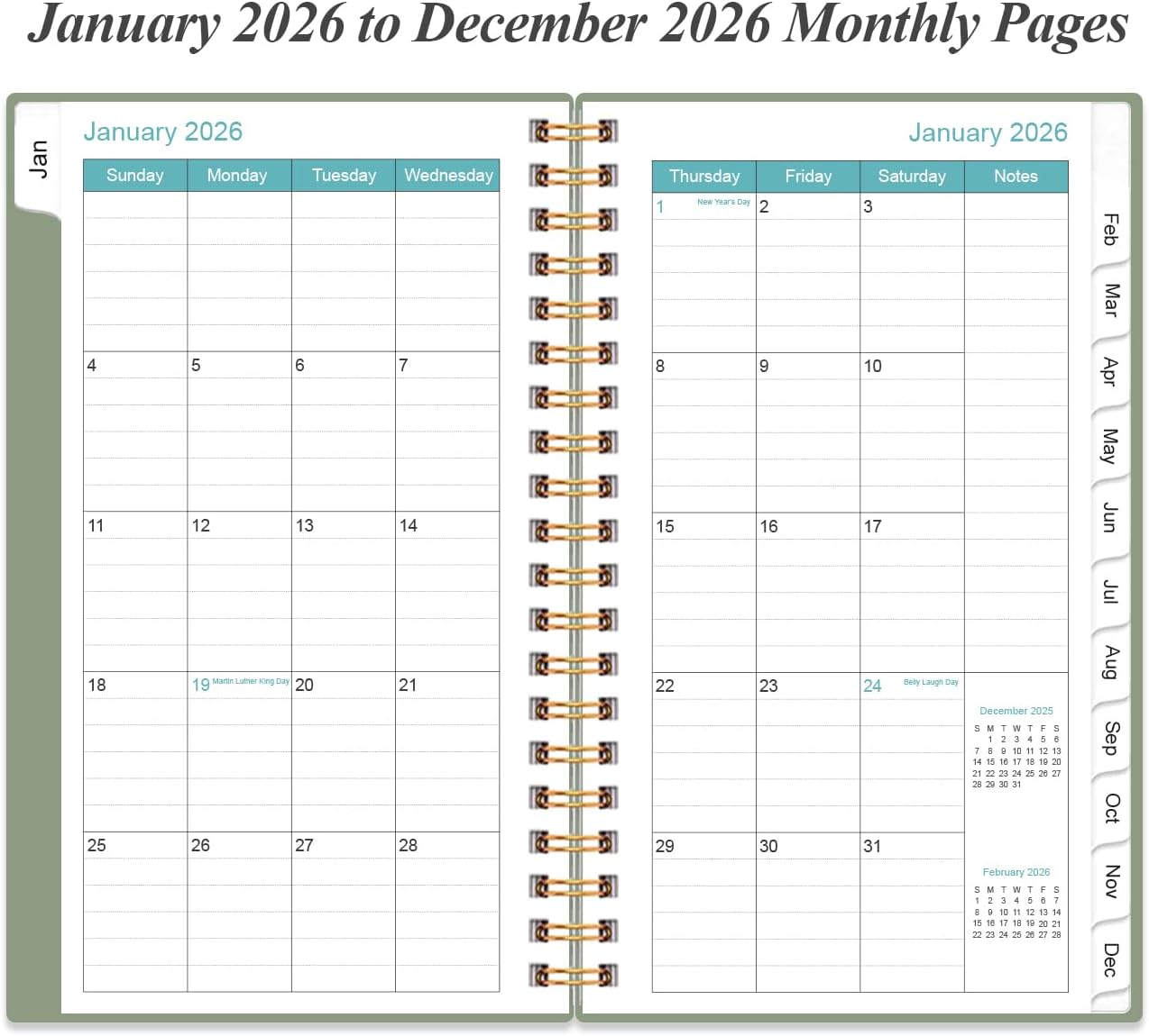 2026 Pocket Planner/Calendar - Planner from January 2026 - December 2026, Planner 2026 with 12 Tabs, Twin-Wire Binding, Inner Pocket, 3.75" x 6.75", Green