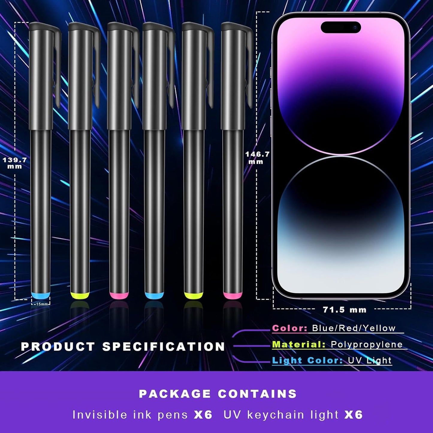 Invisible Ink Pen, Spy Pen with 6 PCS Mini UV LED Keychain Flashlight, Disappearing Ink Magic Pens with Black Light Markers for Secret Notes, Fit for Christmas Halloween Holiday Gifts (6 PCS)