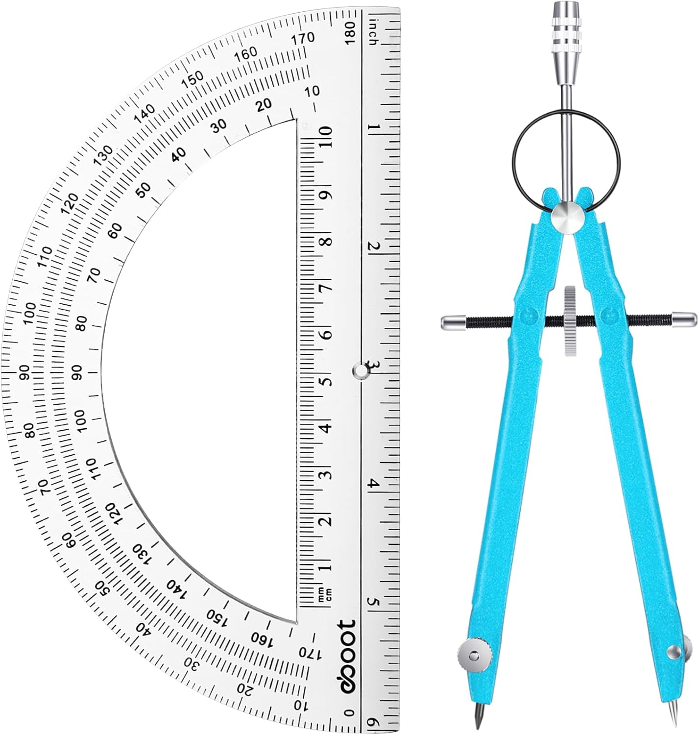 EBOOT Student Geometry Math Set, Drawing Compass and 6 Inch Clear Swing Arm Protractors 180 Degree Math Protractor (Sky Blue)