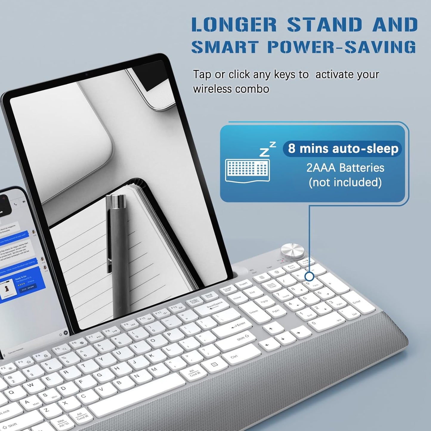 JOYACCESS Ergonomic Wireless Keyboard, 2.4GHz Cordless USB Full-Size Keyboard with Wrist Rest, Quiet Design & Numeric Keypad, Phone Holder for Desktop, Laptop, PC, Mac, Windows -Silver White