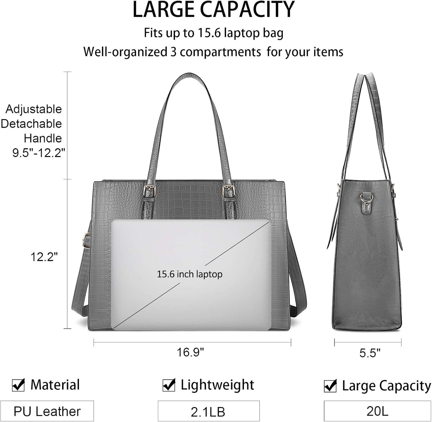 Laptop Bag for Women 15.6 Inch Laptop Tote Bag Leather Classy Computer Briefcase for Work Waterproof Handbag Professional Shoulder Bag Women Business Office Bag Large Capacity Grey