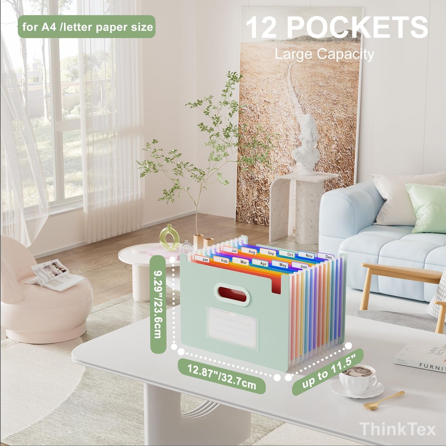 ThinkTex Accordion File Organizer, 12 - Pocket Expanding File Folders Upright & Open Top,for Paper Receipts, Bills&Taxes Organizer, Letter/A4 Size for School, Office, Home with Colorful tab-Sage Green