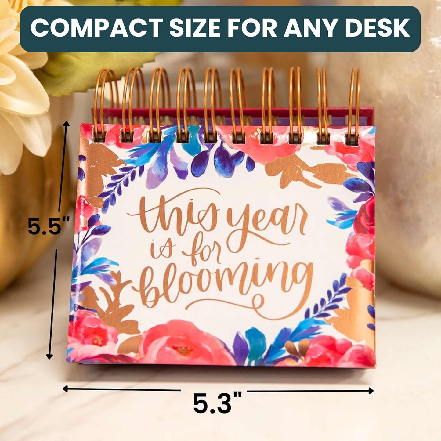 bloom daily planners Undated Perpetual Desk Easel with Motivational Quotes - Inspirational Standing Flip Calendar for Women - Page A Day (5.25" x 5.5") - Hand-Lettered