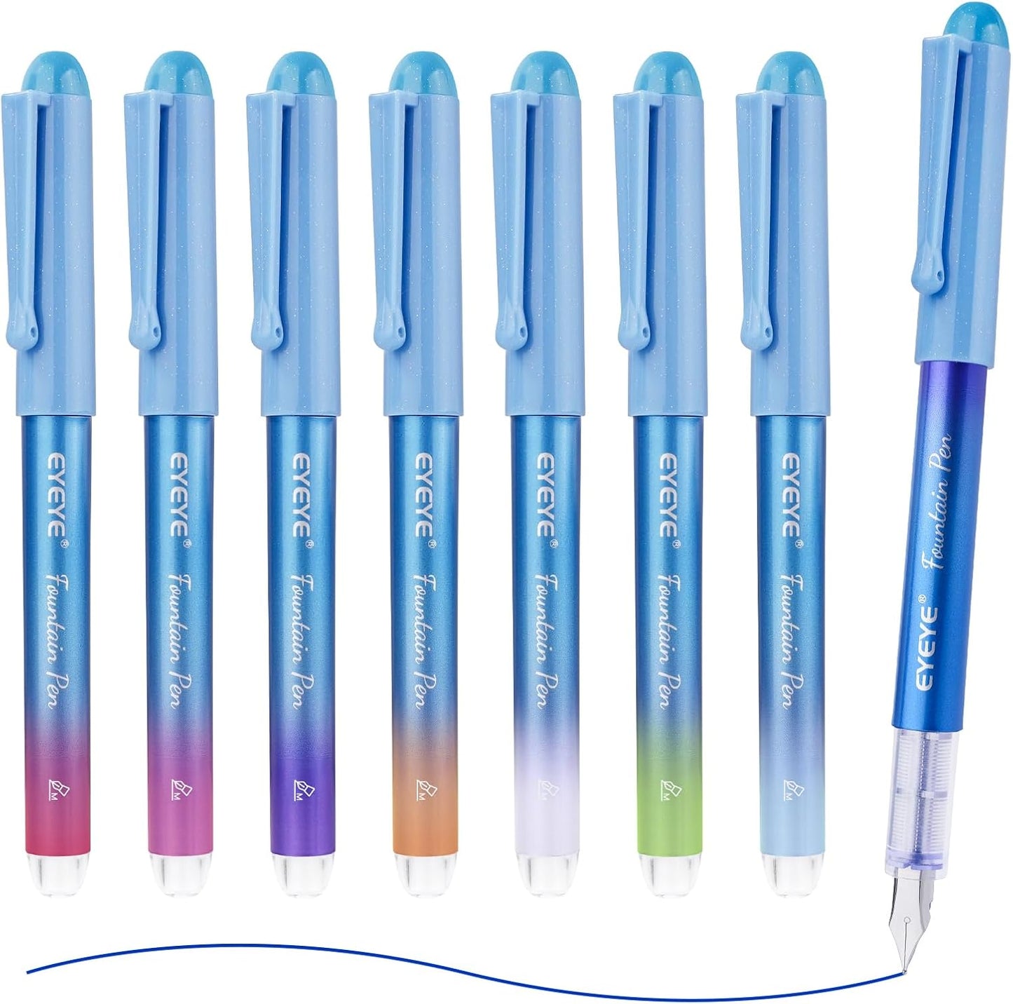 EYEYE Disposable Fountain Pens for Writing, Medium Point Stainless Steel Nib, Pack of 8 Assorted Colors