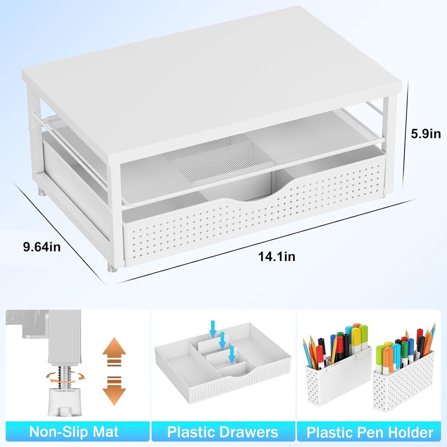 gianotter Wood Monitor Stand Riser, Office Desk Shelf Organizer, Desk Organizer with Drawer and Pen Holder, 2-Tier Computer Stand, Office Organization (Matte White)