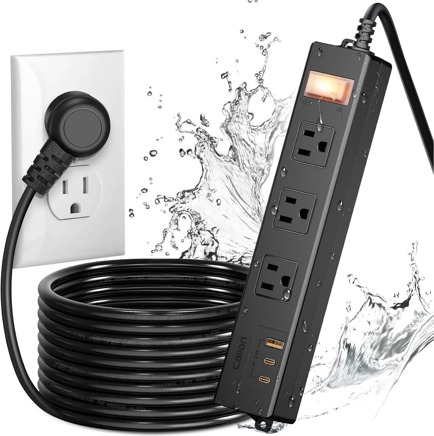 IPX6 Outdoor Power Strip Weatherproof, Waterproof Surge Protector with 3 Wide Outlet with 1A2C USB Ports, 15FT Long Extension Cord, Wall Mountable for Outside Decorations and More UL Listed(Black)