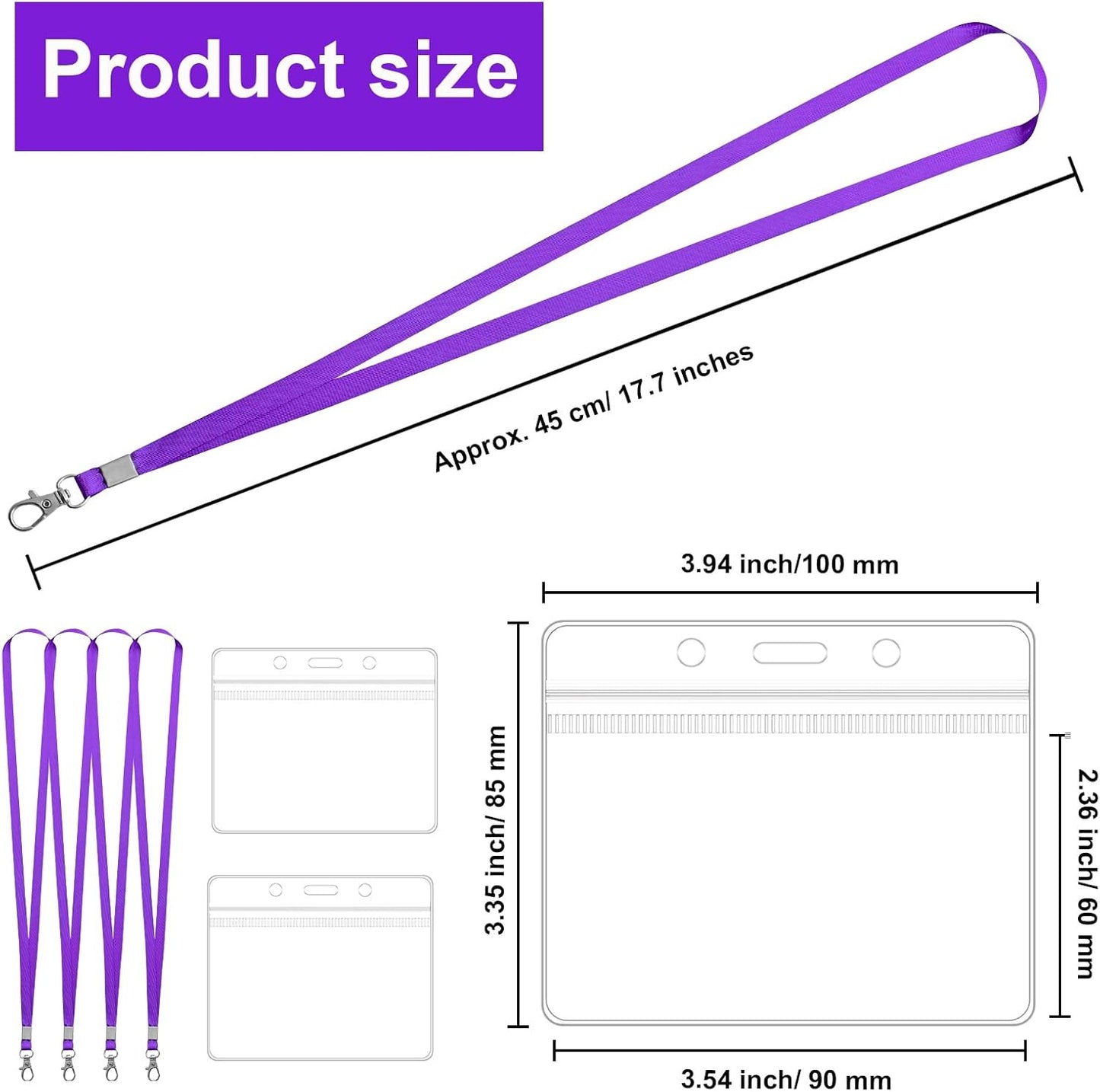 100 Pack Lanyards for ID Badges with Clear Name Tags, Reusable Lanyards Horizontal ID Card Badge Holders Plastic Name Badges for Men Women Kids Business School and Office Supplies (Purple)