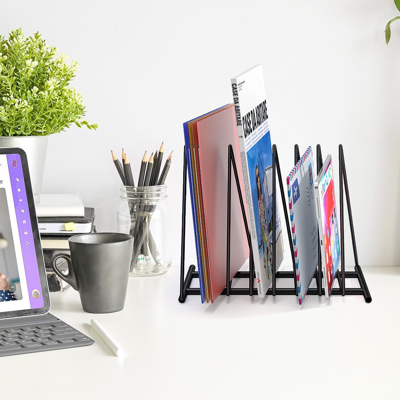 2 Pack Triangle Desk File Organizer, 7 Slots Metal File Sorter Magazine Holder Document Rack,Desktop Bookshelf Organizer for Office Home School,Black