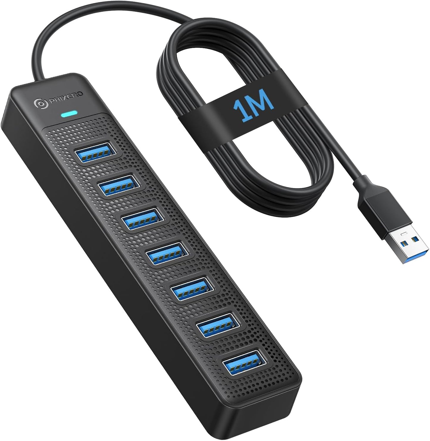 PHIXERO 7 Port USB Hub, 3.3FT/1M Long Cable USB 3.0 Hub Multi USB Port Hub Adapter Extension USB Splitter USB Hub for PC, Compatible with All USB 3.0/2.0/1.1 Device