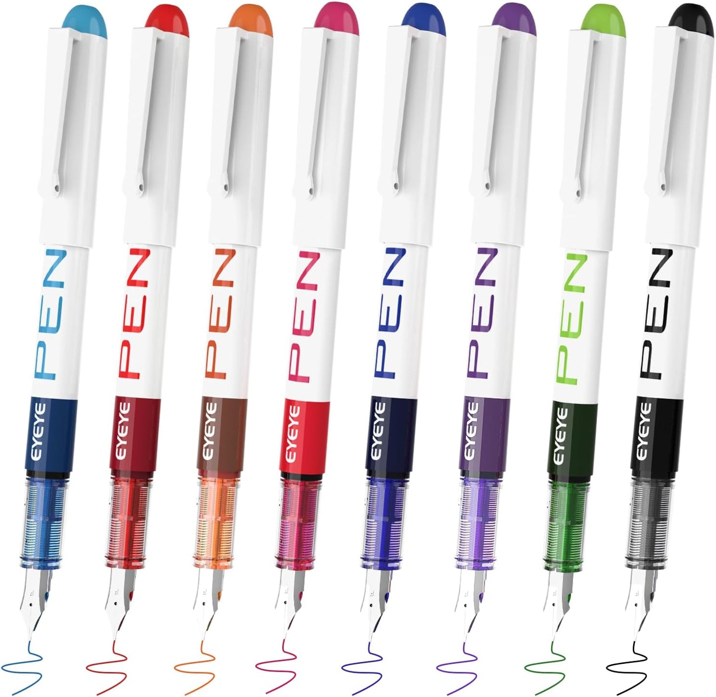 EYEYE Fountain Pens for Writing, 8 Pack Assorted Colors Fine Point Disposable Fountain Pens Stainless Steel Nib, Smooth Writing for Journaling, Drafting, Sketching, Doodling & Gifts