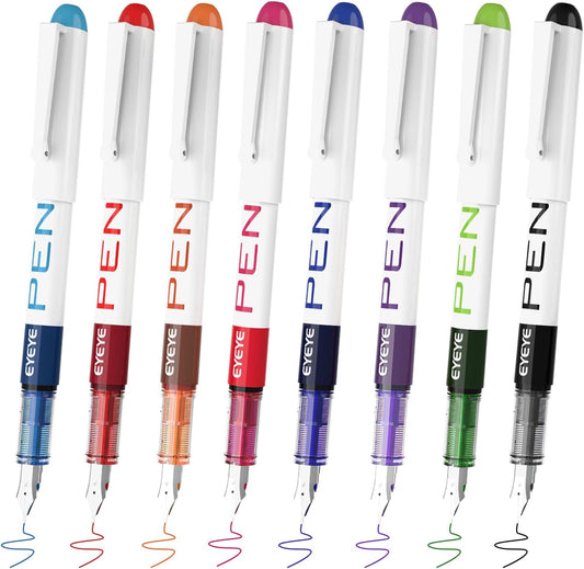 EYEYE Fountain Pens for Writing, 8 Pack Assorted Colors Fine Point Disposable Fountain Pens Stainless Steel Nib, Smooth Writing for Journaling, Drafting, Sketching, Doodling & Gifts