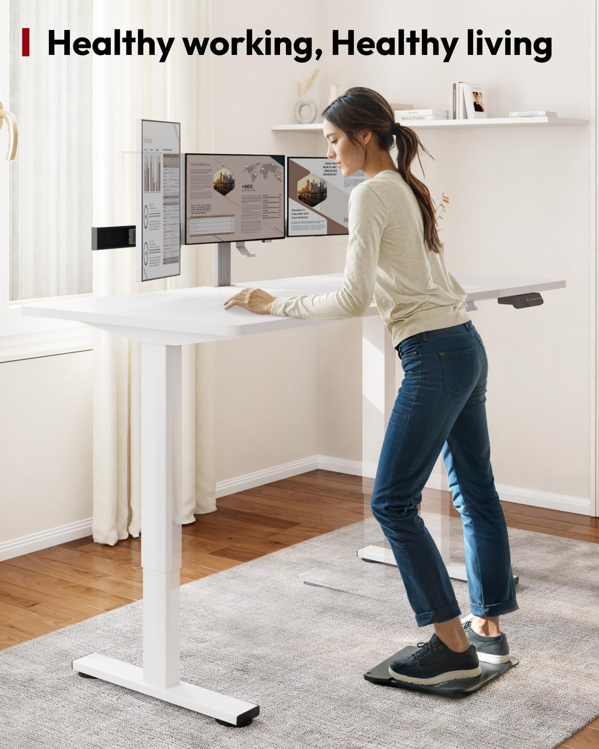 SANODESK Standing Desk Height Adjustable Electric Stand up Desk 63x28 Inches Sit Stand Home Office with Splice Board, White Frame/White Top