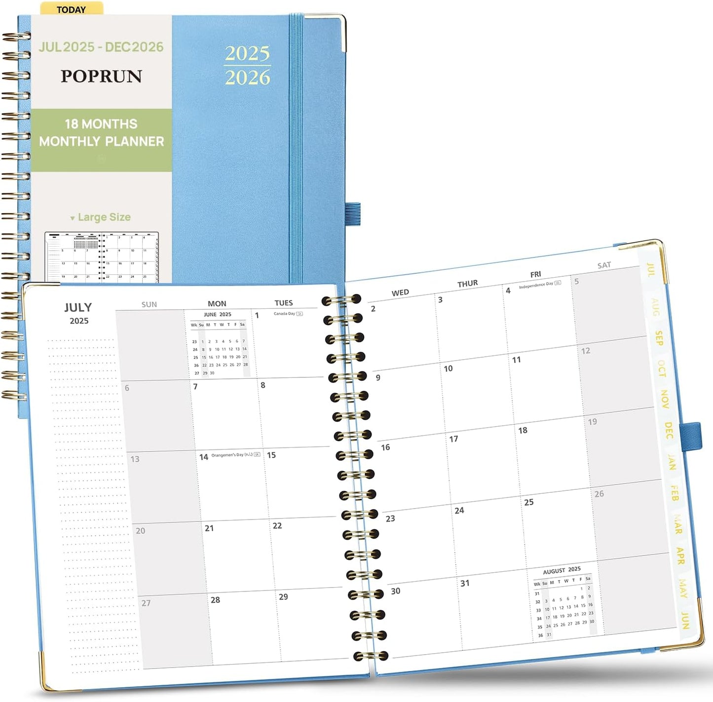 POPRUN Monthly Planner 2025-2026 Spiral Hardcover (8'' x 10''), 18 Months Calendar (Jul.2025 - Dec.2026)- 2 Pages per Month with Dotted Note Pages, Sunday Start, Laminated Tab - Haze Blue
