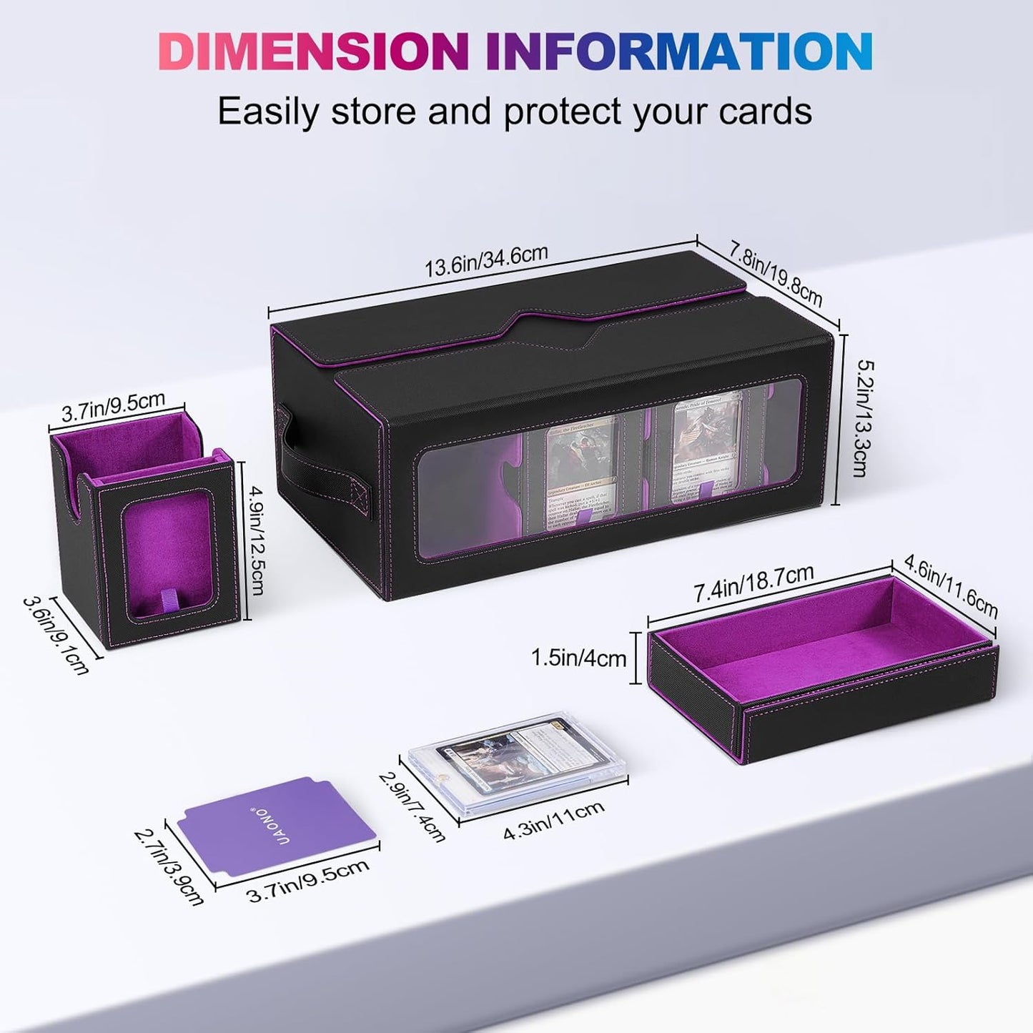 Commander Deck Box for MTG, 6-Deck Modular Card Case with Dice Tray Holds 600+ Double-sleeved Cards, Removable Trading Cards Storage Box with 35PT Magnetic Card Holders for TCG, Black Purple