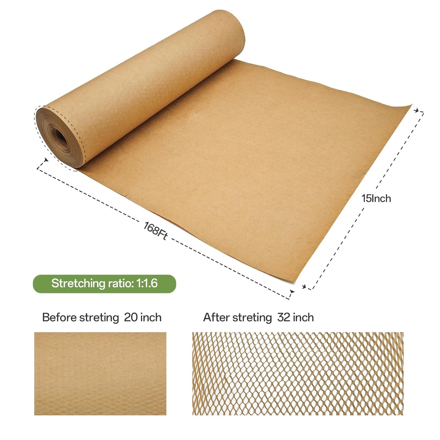 Honeycomb Packing Paper, 15" x 168' Honeycomb Cushioning Wrap Roll for Moving Shipping Packaging Gifts, Recyclable Honeycomb Paper Moving Supplies Bubble Paper Wrapping Protective Roll