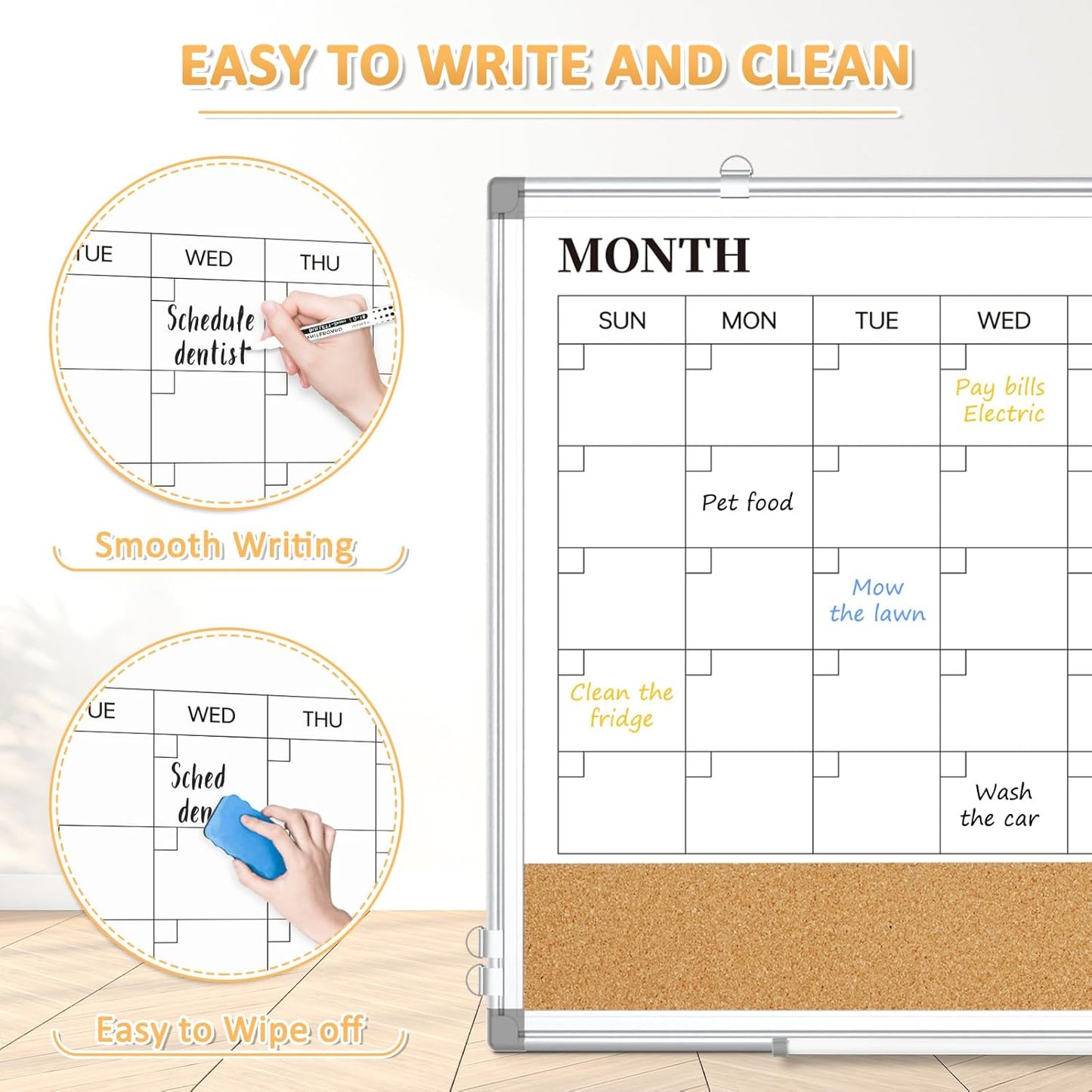 Dry Erase Calendar Whiteboard for Wall, 24"x18" Magnetic Monthly White Board Cork Board Combo, Double Sided, Aluminum Frame, Wall Hanging Wipe Board for Home, Office, School, Dorm