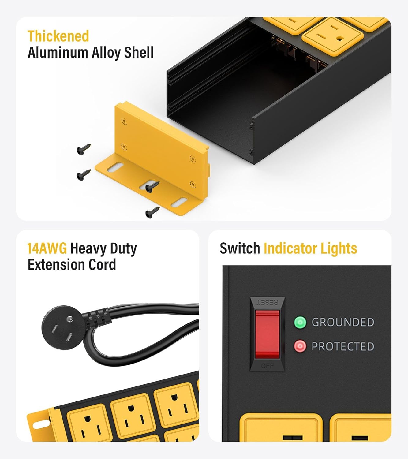 HHSOET 2 Pack Heavy Duty Power Strip 8 Outlets, Metal Wall Mount Outlet Strip 4800J Surge Protector, Garage Shop Under Desk Mountable 5FT Extension Cord Plug.