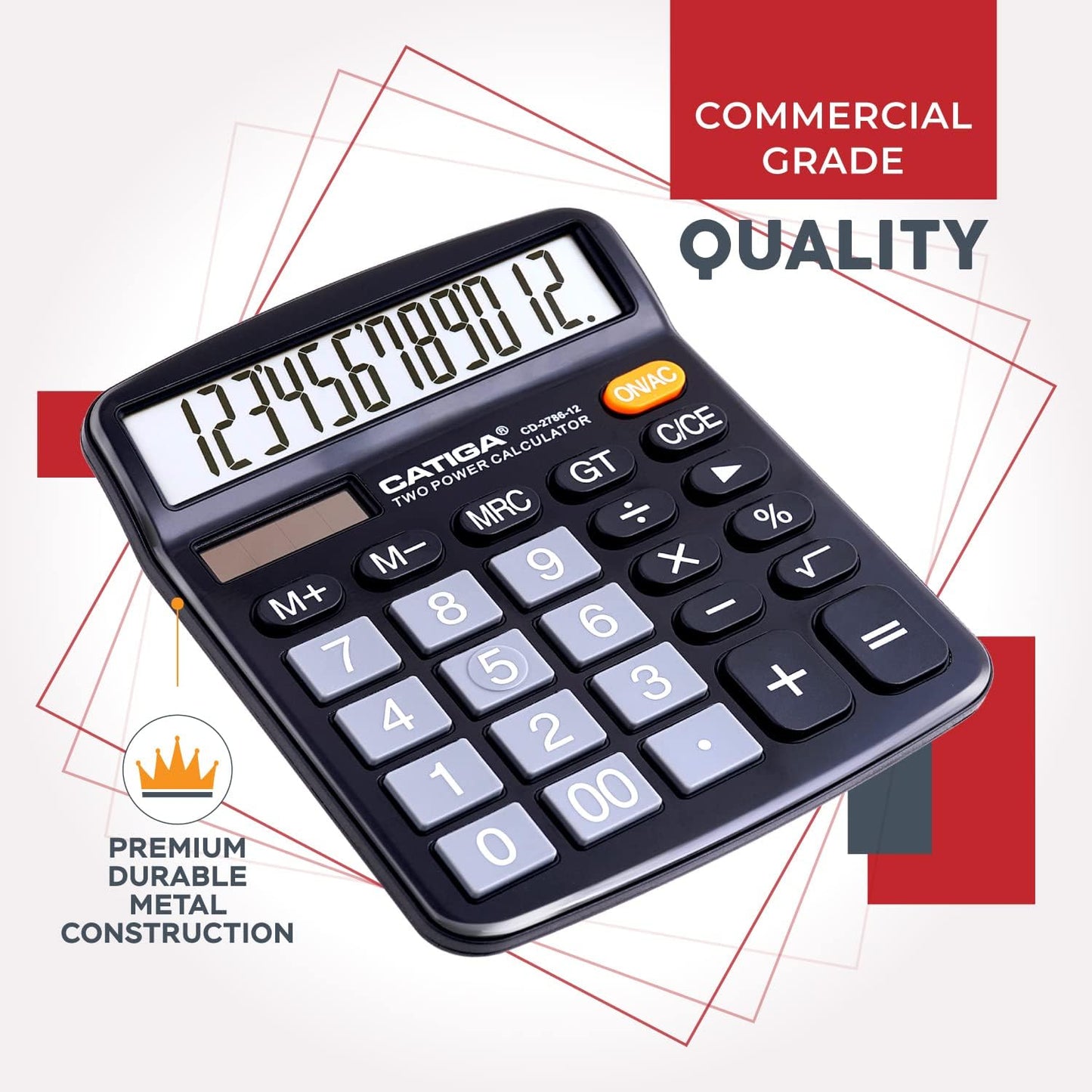 CATIGA Desktop Calculator (2 Pack) 12 Digit with Large LCD Display and Sensitive Button, Solar and Battery Dual Power, Standard Function for Office, Home, School, CD-2786 (2 Black)