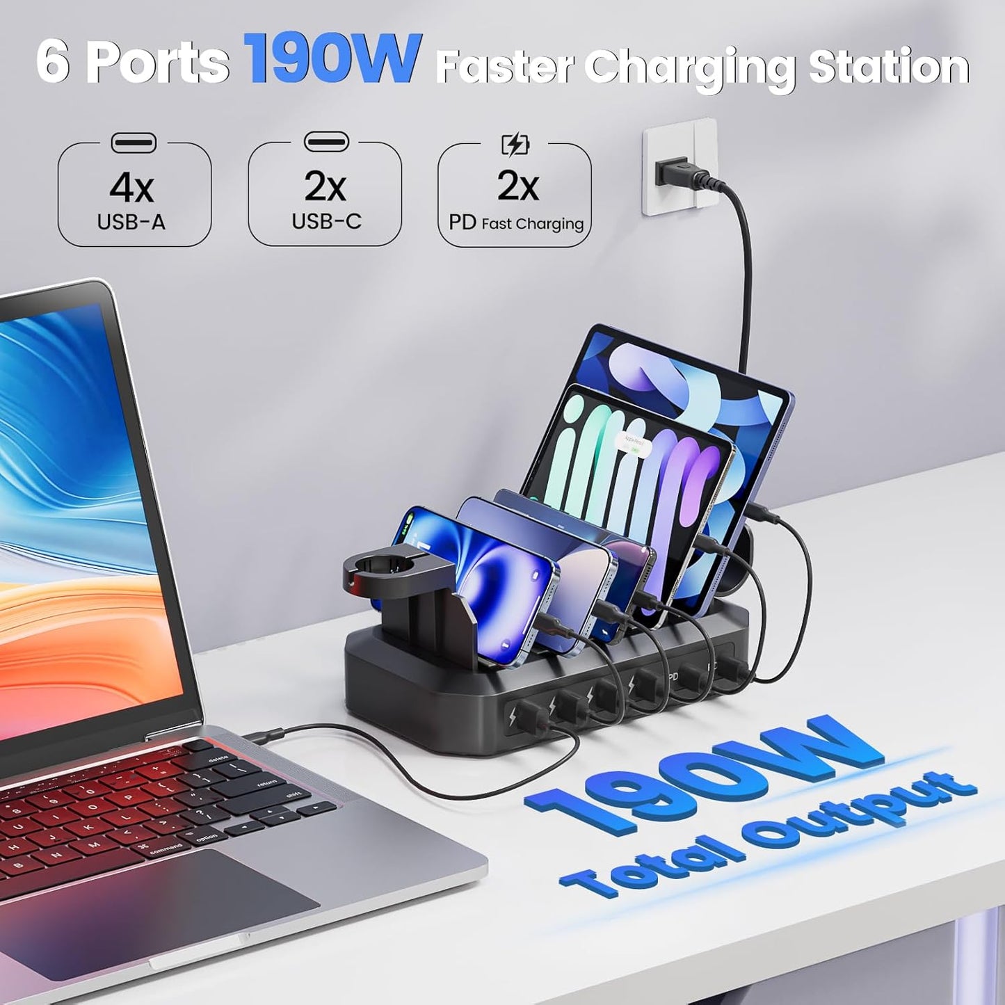 190W Fast Charging Station for Multiple Devices【Efficient & Safe Charging】 6 Port USB Charger Station - Family Multi-Device Organizer Charging Dock Compatible with iPhone/Android/MacBook/iPad/Tablet