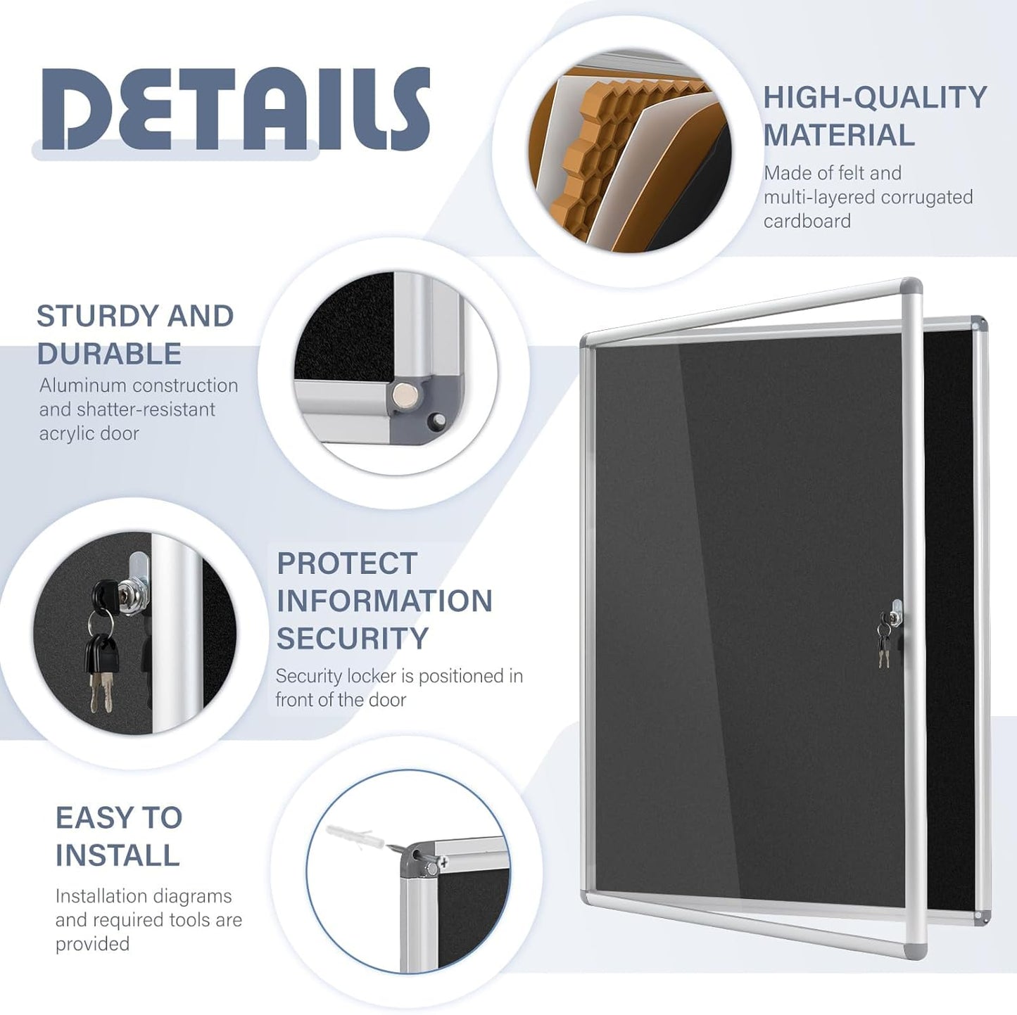 Enclosed Bulletin Board Lockable Display Case Message Board with Locking Door for Indoor, Black Felt, Silver Aluminum Frame, 38x28inches(9xA4)