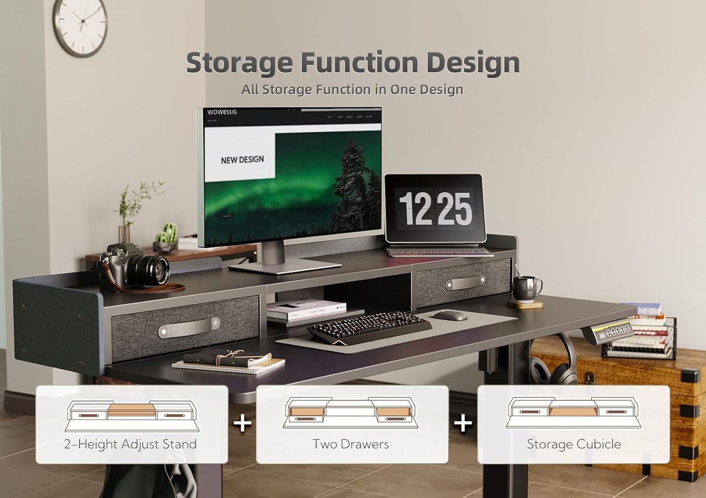 YDN Standing Desk with Drawers, 55 Inch Standing Desk Adjustable Height, Adjustable Electric Stand Up Sit Stand Small Desks with Storage and Shelf, Black