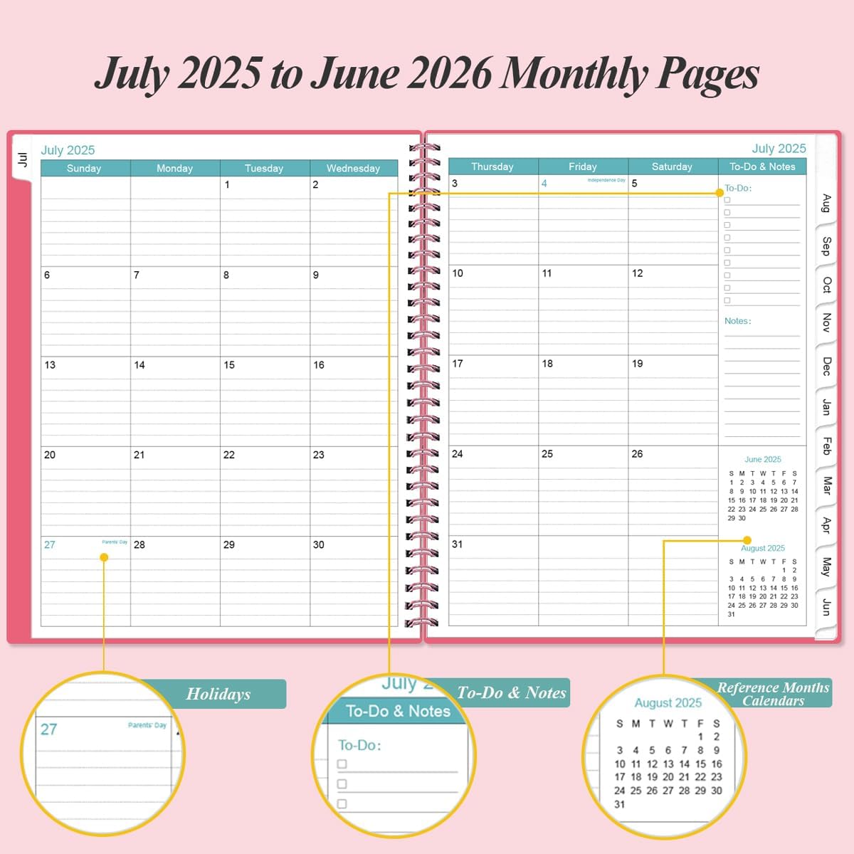 Planner 2025-2026 - Academic Planner 2025-2026 from July 2025 to June 2026 with 12 Monthly Tabs, Flexible Cover, Inner Pocket, 8.5" x 11", Pink